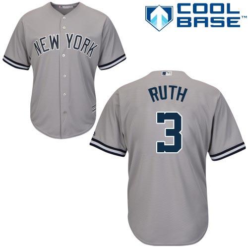 Yankees #3 Babe Ruth Grey Cool Base Stitched Youth MLB Jersey - Click Image to Close